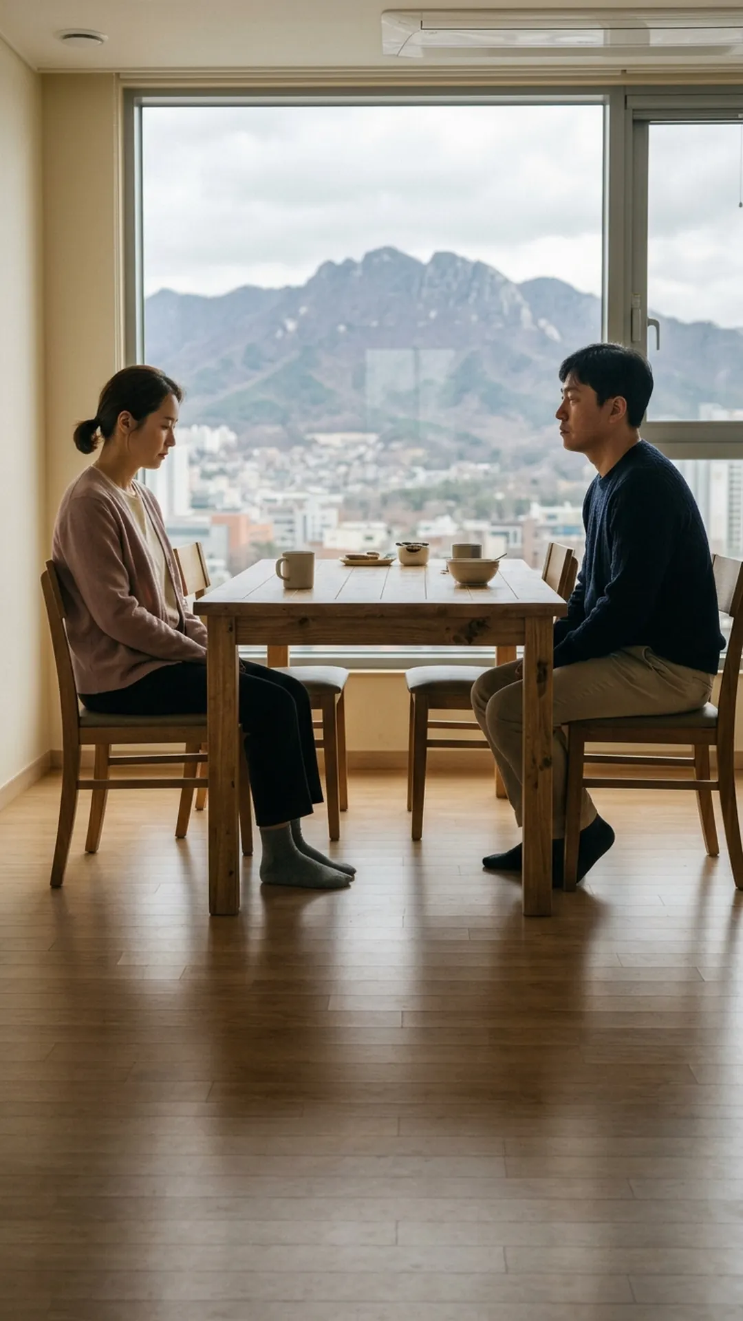 거실 식탁에 마주 앉아 이야기를 나누는 부부 — 연출 이미지