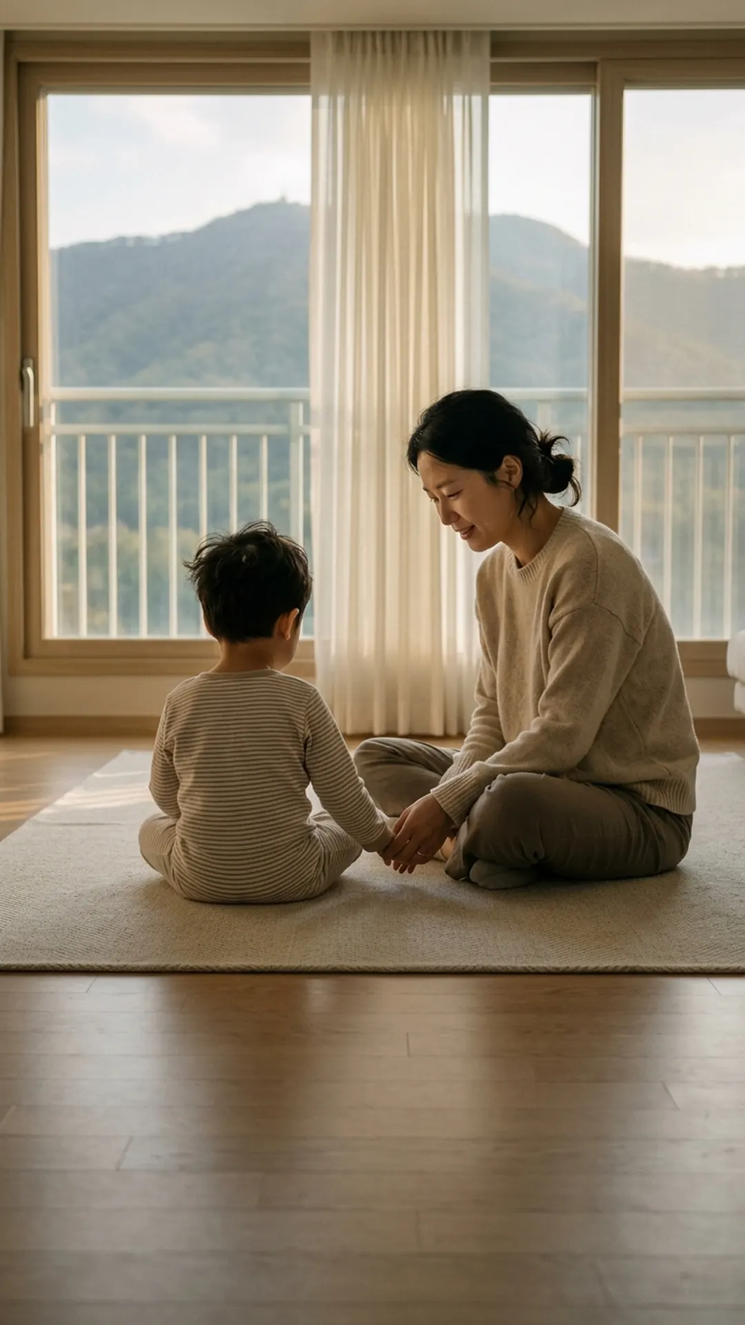 거실 바닥에서 아이와 마주 앉아 대화하는 부모 — 연출 이미지