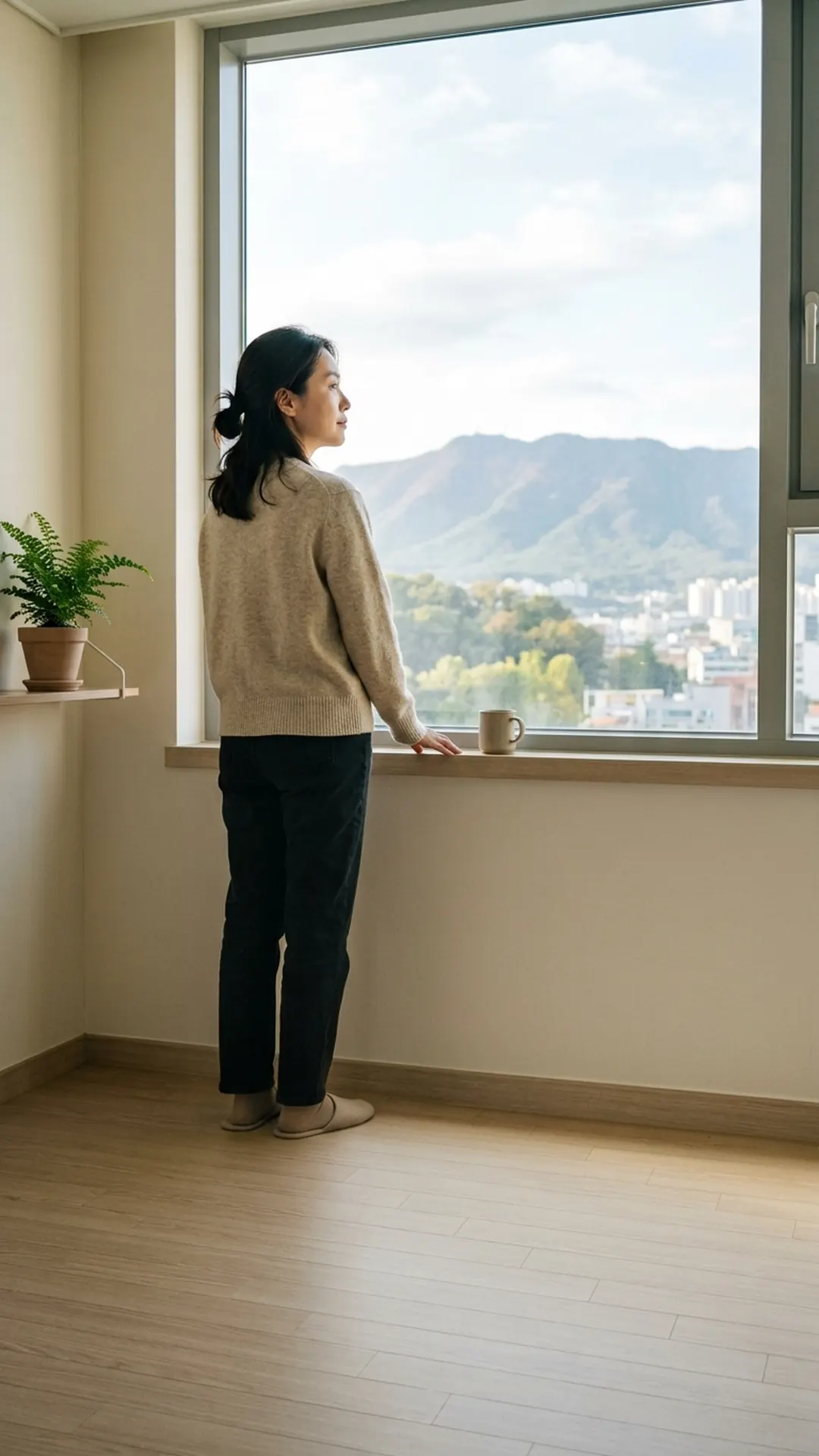 창가에 서서 생각에 잠긴 여성 — 연출 이미지